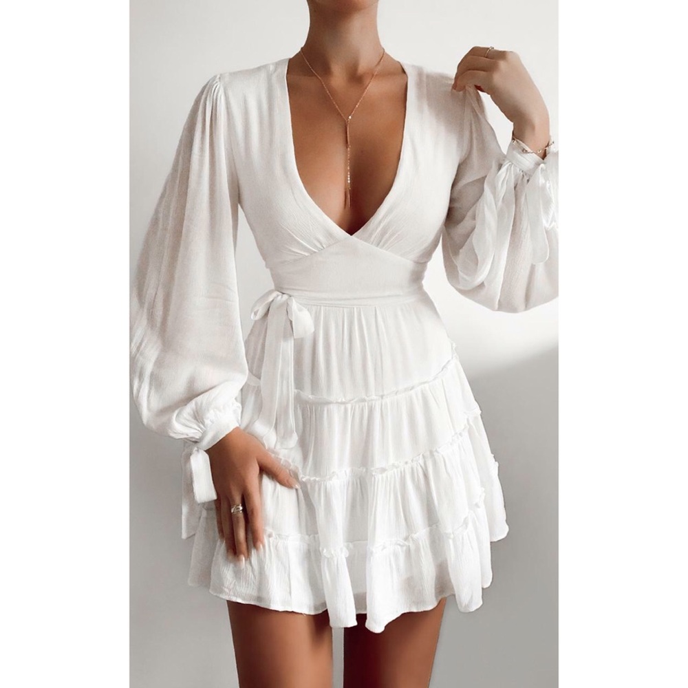 Sexy White Puff Sleeve Ruffles Mini Skater Dress